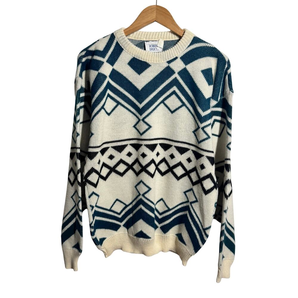 Robert Bruce Vintage Crewneck Sweater Men XL Cream Green Made USA 90s Cabincore